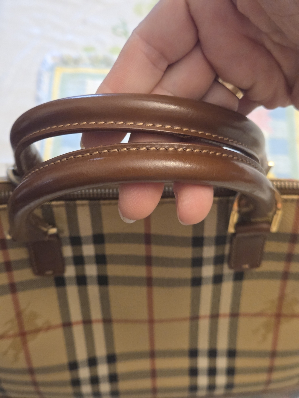 Burberry Beige Plaid Satchel with Brown Leather and Gold Hardware - Picture 3 of 12